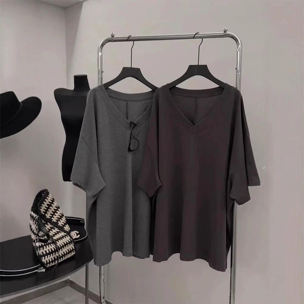T-shirt Women Cotton Summer Casual Large Size Loose V Neck Solid Color Pullover Short-sleeved Tops