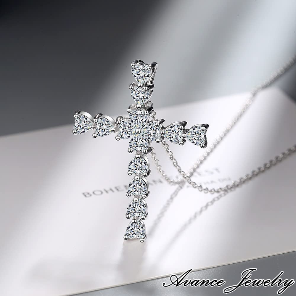 [AVANCE] Cross Necklace with Zirconia Stone, Sparkling Silver, for Women
