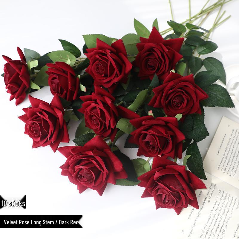 Red Velvet Rose Artificial Flowers - 10 Long Stems for Living Room or TV Cabinet Decor