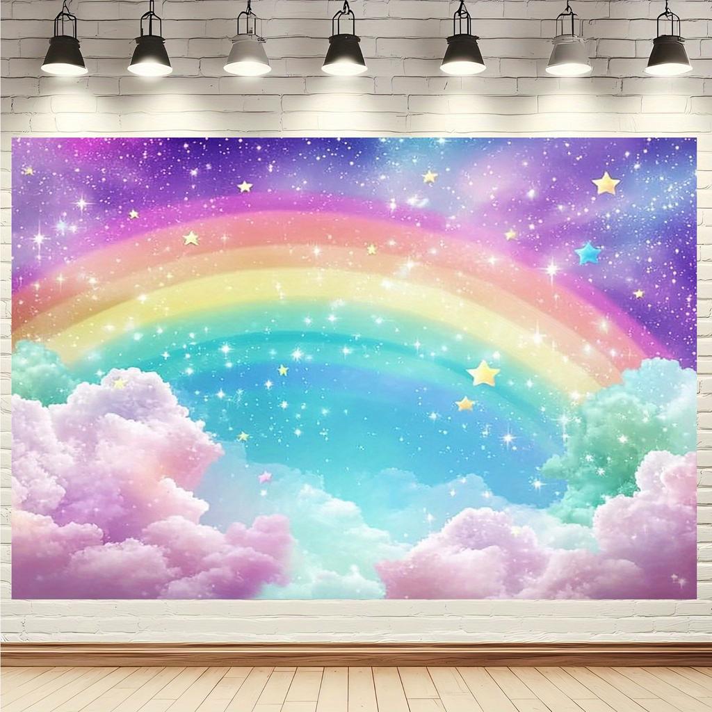 Vivid Rainbow and Star Wall - Imaginary Clouds and Glittering Lights  Polyester  Indoor/outdoor Home Decor