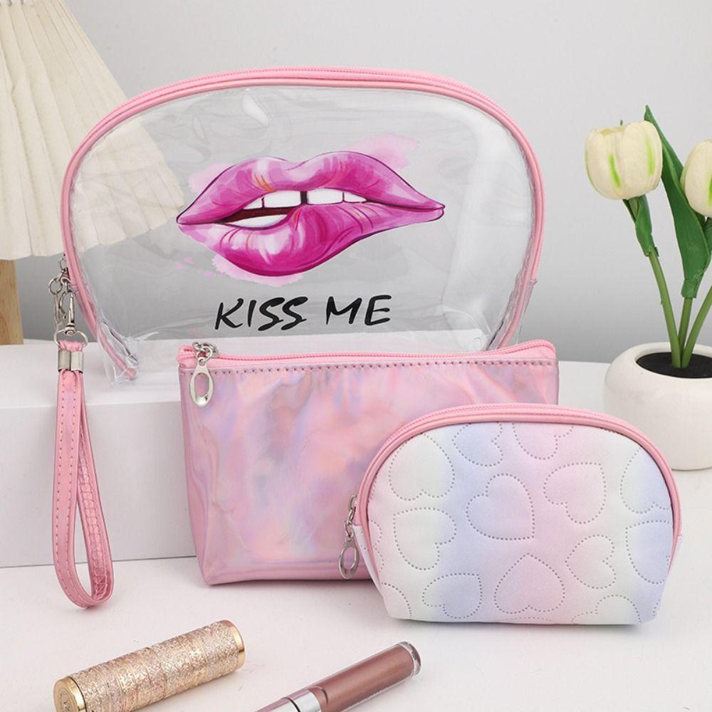 

3Pcs Large Capacity Makeup Bag Transparent Toiletry Storage Bag Durable Wash Pouch рожевий