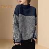 Women Sweater Half High Collar Long Sleeve Color-Blocked Loose Fit Knitting Top Autumn Winter Thick Warm Pullover Tops