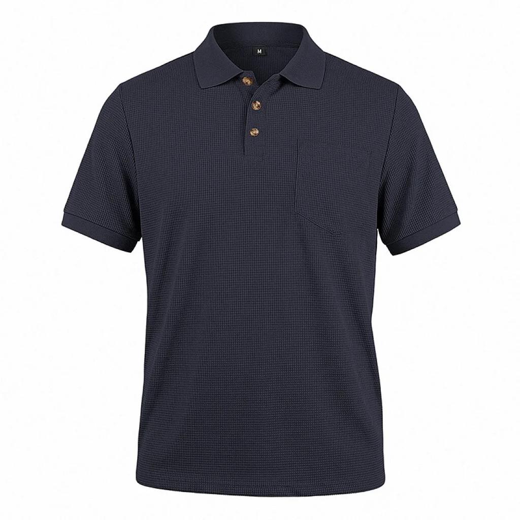 Men's Breathable Waffle Knit Polo Shirt Short Sleeve Button Placket Chest Pocket Loose Fit Summer Tops