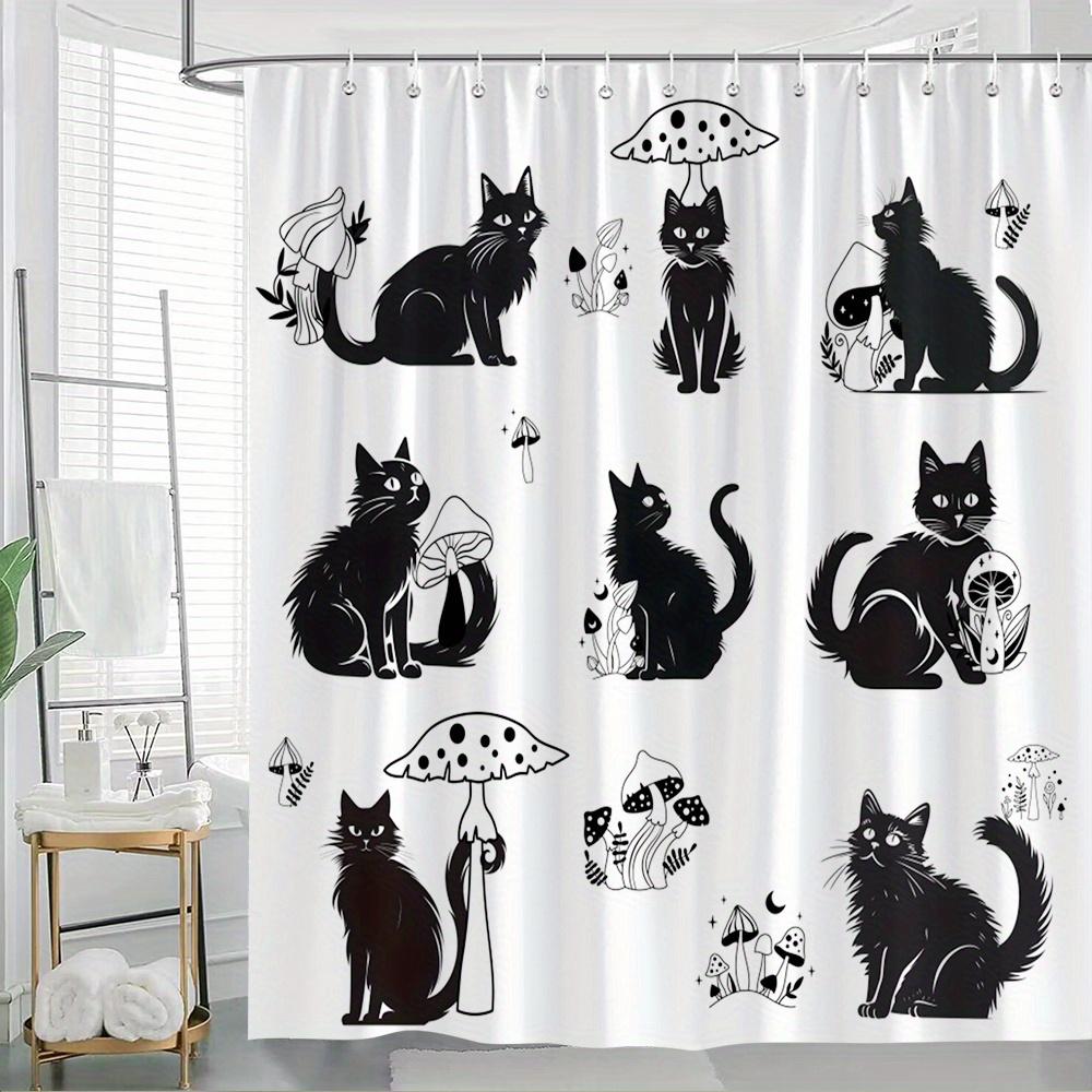 

1pc Extra Large Bathroom Shower Curtain - Black Cats & Mushroom Decor, High Quality Polyester Fabric Bath Curtain with Minimalis 90x180cm35x71in
