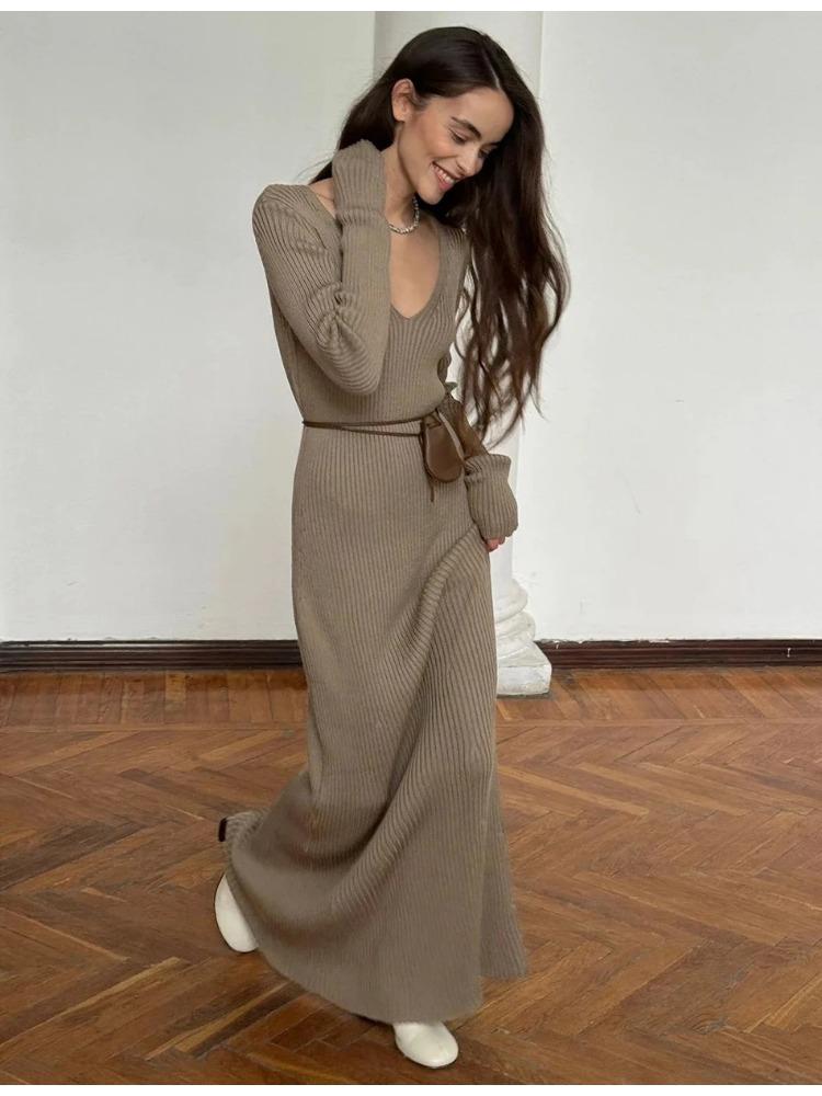 Women's Knitted Dress Elegant V Neck Thick  A-line Dress Brown Long Sleeve Vintage Midi Casual Dresses for Women