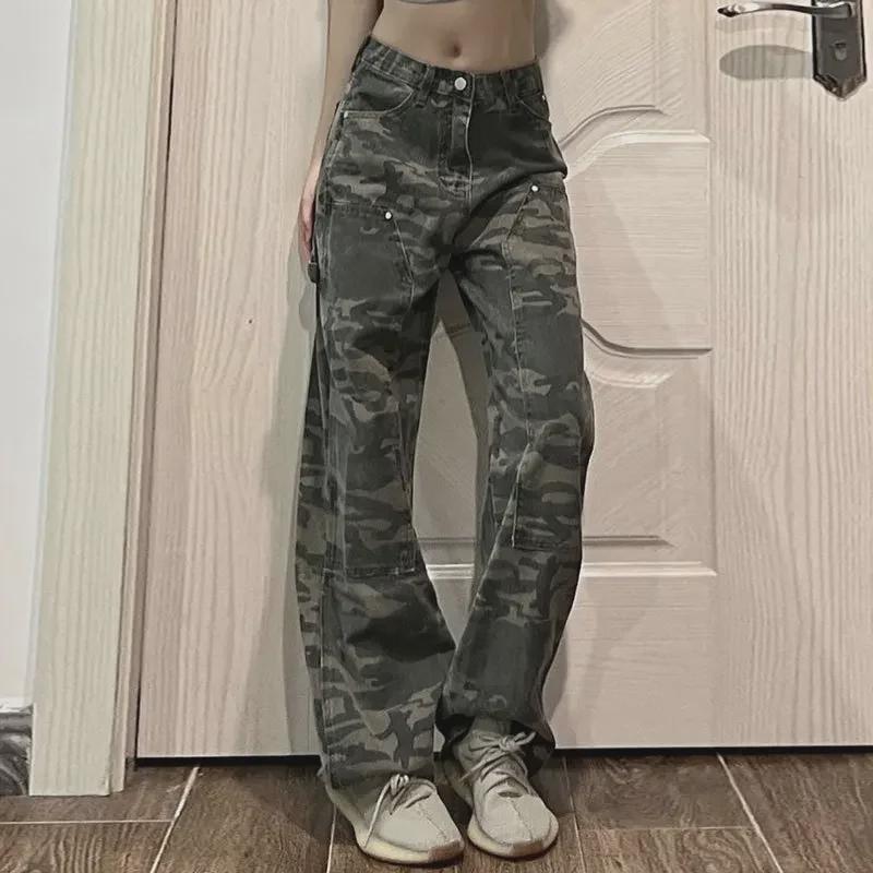 2023 Retro High Street Camouflage Flared Trousers: Women's High-Waist, Slim-Fit Summer Overalls