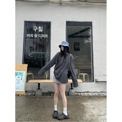 Striped Long-sleeved T-shirt Autumn New Korean Style Loose Mid-length Style Outer Wear Inner Bottoming Student Top Trendy