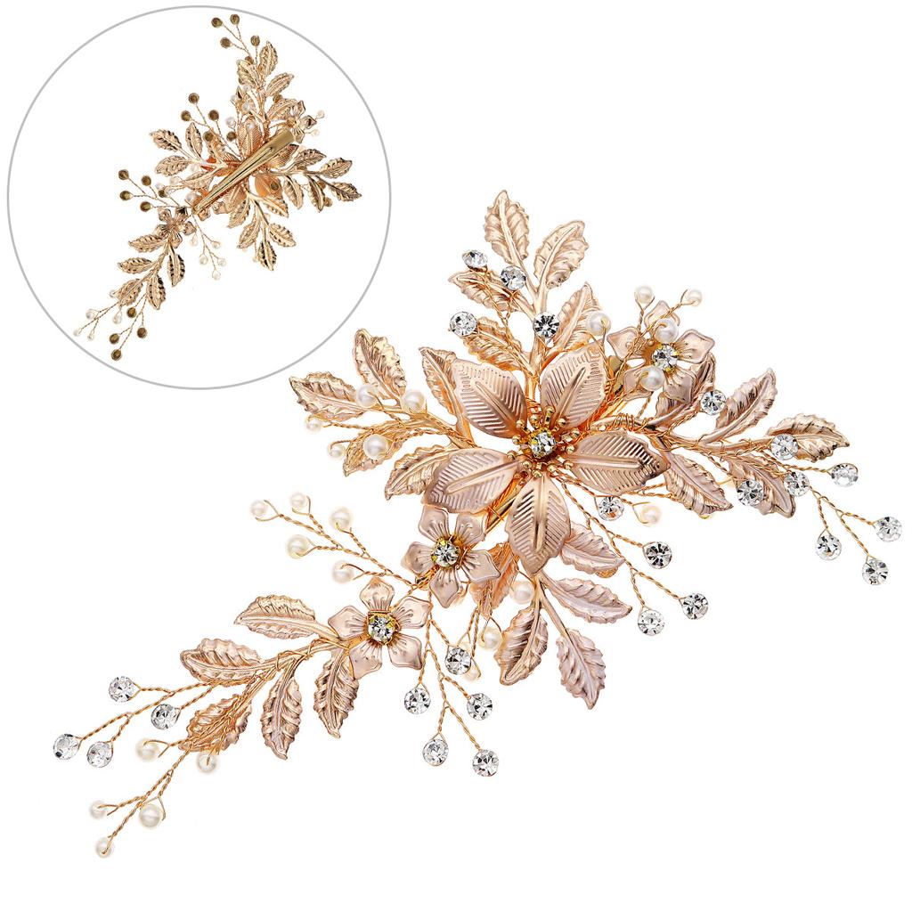 Bridal hairpin wedding banquet hair accessories handmade pearl edge clip women's luxury versatile metal floral leaf duckbill clip