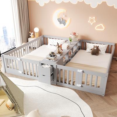 Wooden Bed 90 X 200 Cm, With Drawer and Two-Tier Shelf, Children's Double Bed Frame with Safety Rail, High Rail, Grey