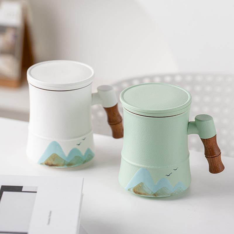 400ml Ceramic Tea Mug with Infuser and Lid for Loose Leaf Tea Steeper Mug with Wood Handle Mugs Tea Lovers Gifts