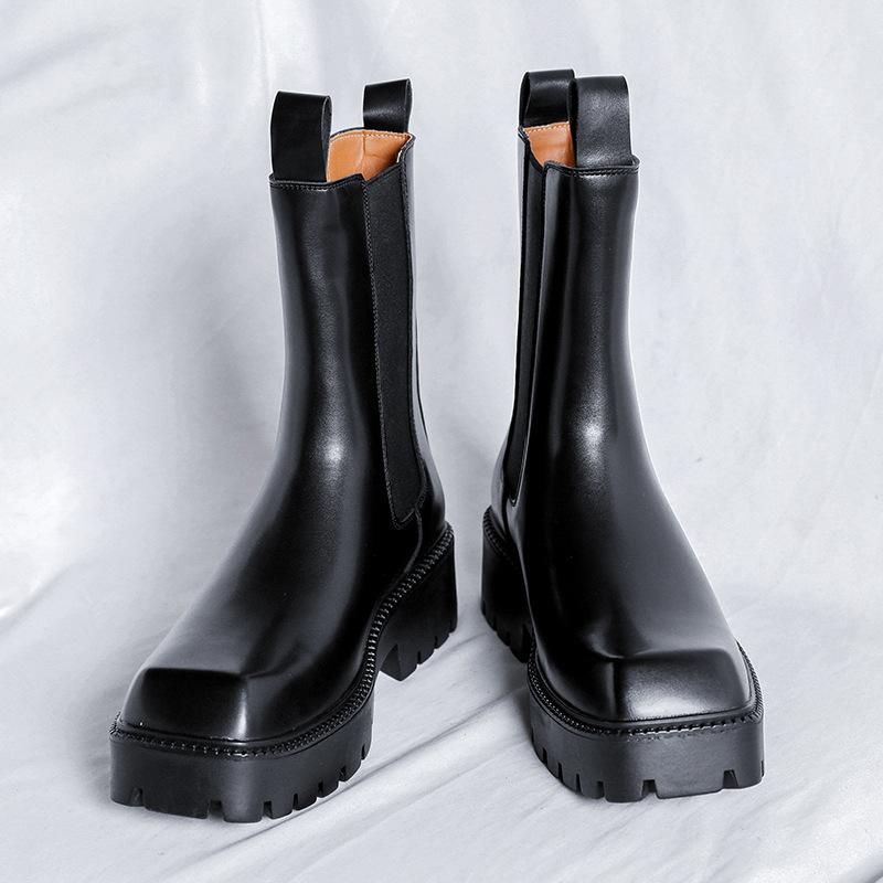 Pánská móda vysoké komínové boty designové boty se čtvercovou špičkou punkové jevištní originální kožené platformové boty dlouhé chelsea boty