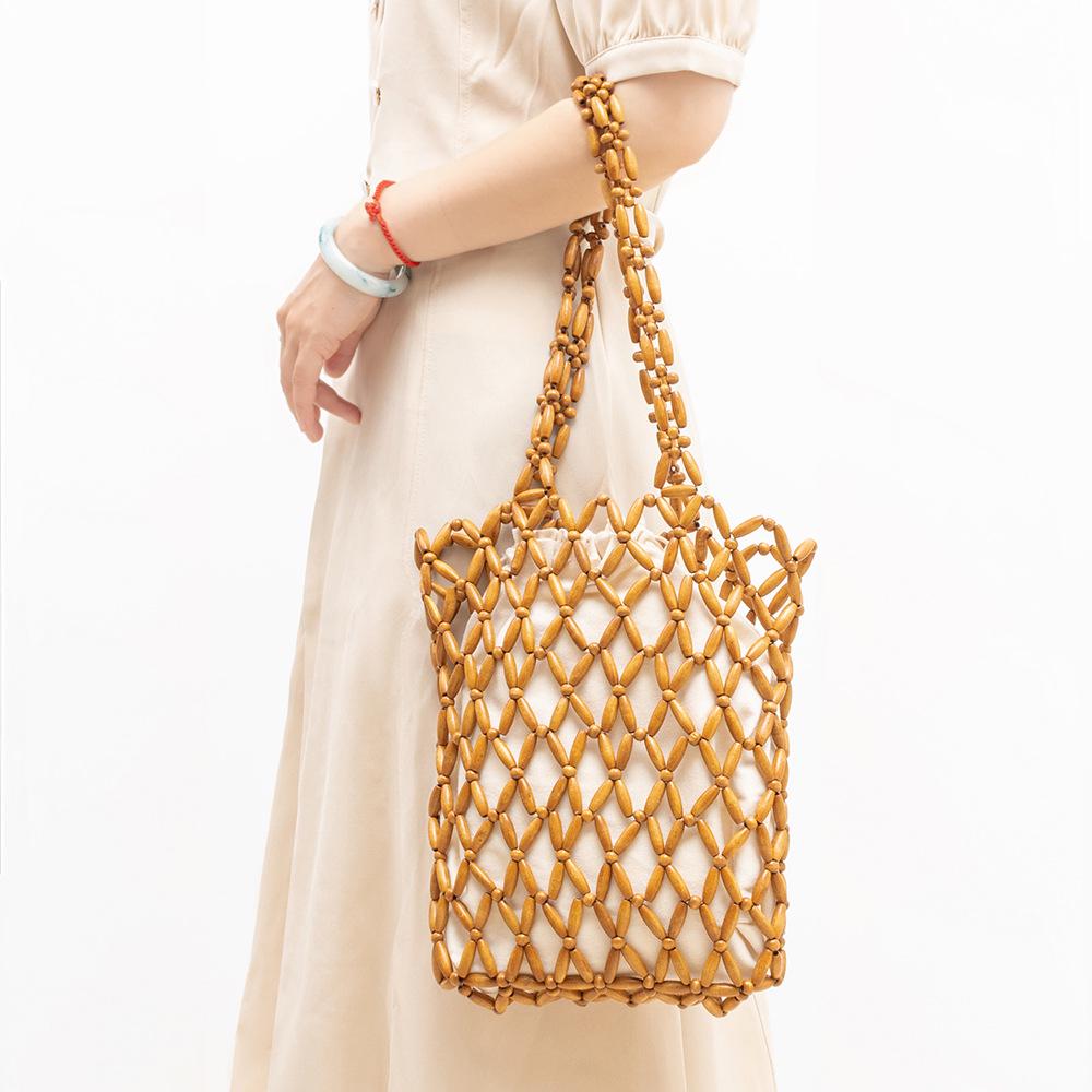 ENSPT Handwoven Wooden Bead Shoulder Bag - Women's Summer Niche Design