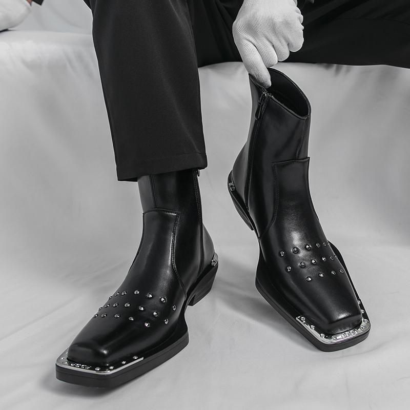 

Мужские высокие черные кожаные ботинки панк квадратный носок нарядные мотоциклетные ботильоны смокинг свадебная обувь больших размеров EU:40 чёрный