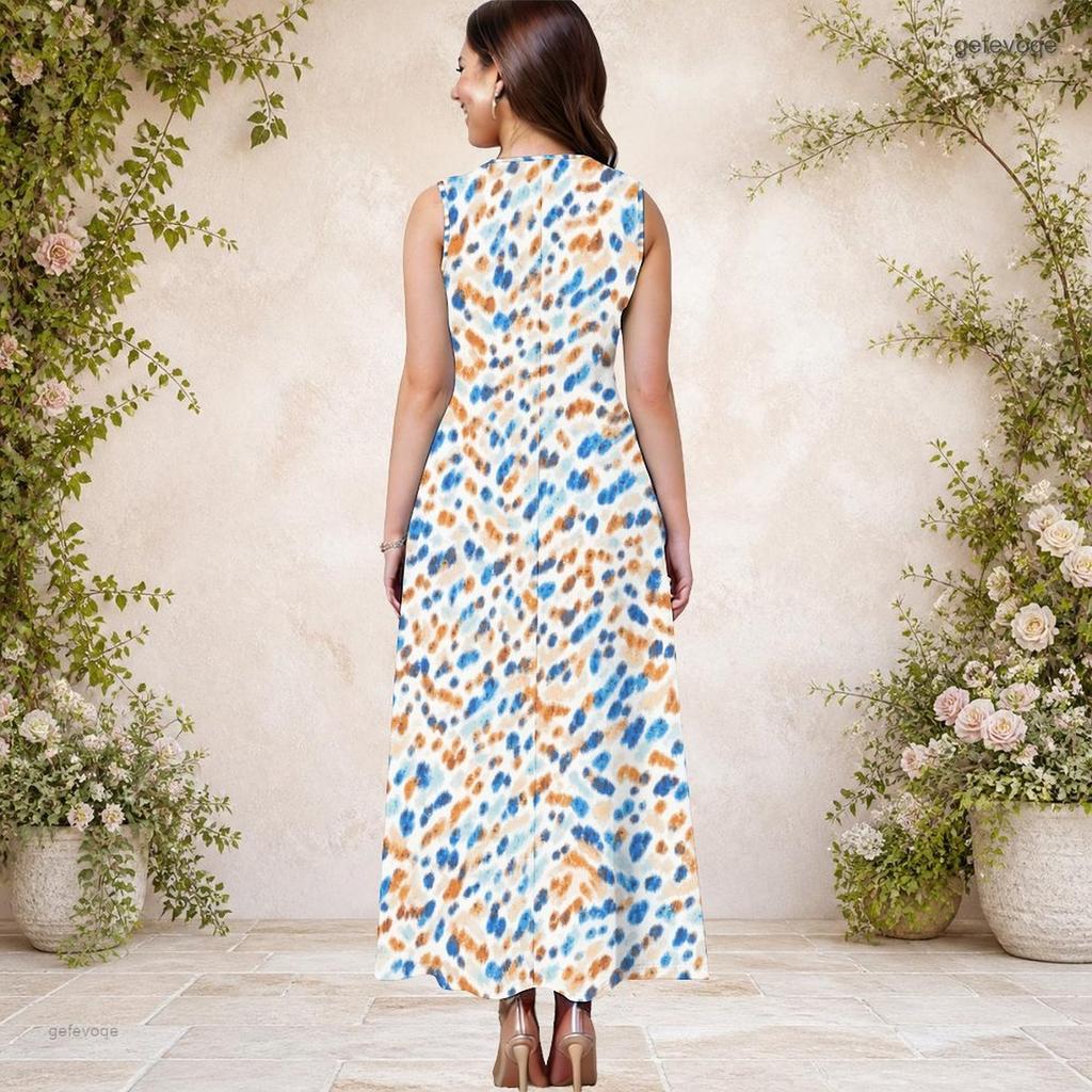 Women Plus Size Round Neck Sleeveless Black Grey Patchwork Print A Line Long Dress With Side Pockets