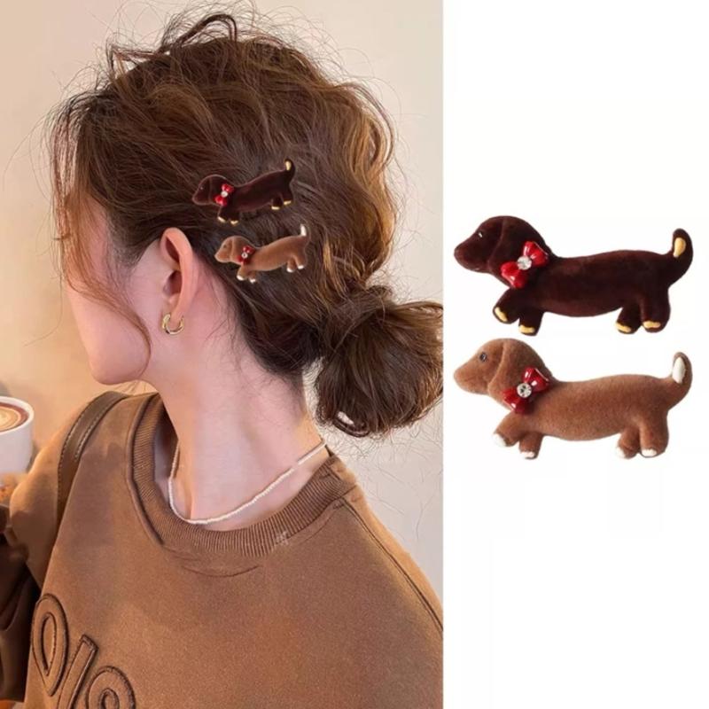 2PCS Popular Flock Dachshund Hair Barrettes With Side Clasp NonSlip Hairpin For Teens Girl Gentle Hair Accessories