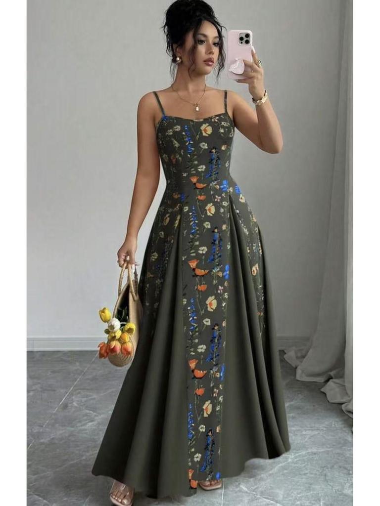 2026 European & American Summer Fashion Spaghetti Strap Print Dress