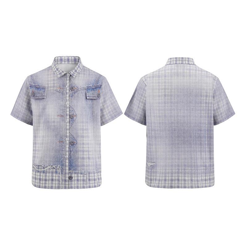 2026 Plaid Splicing Denim Short-sleeved Shirt Old Design Lapel Loose Version Personalized Trendy Men's and Women's Tops