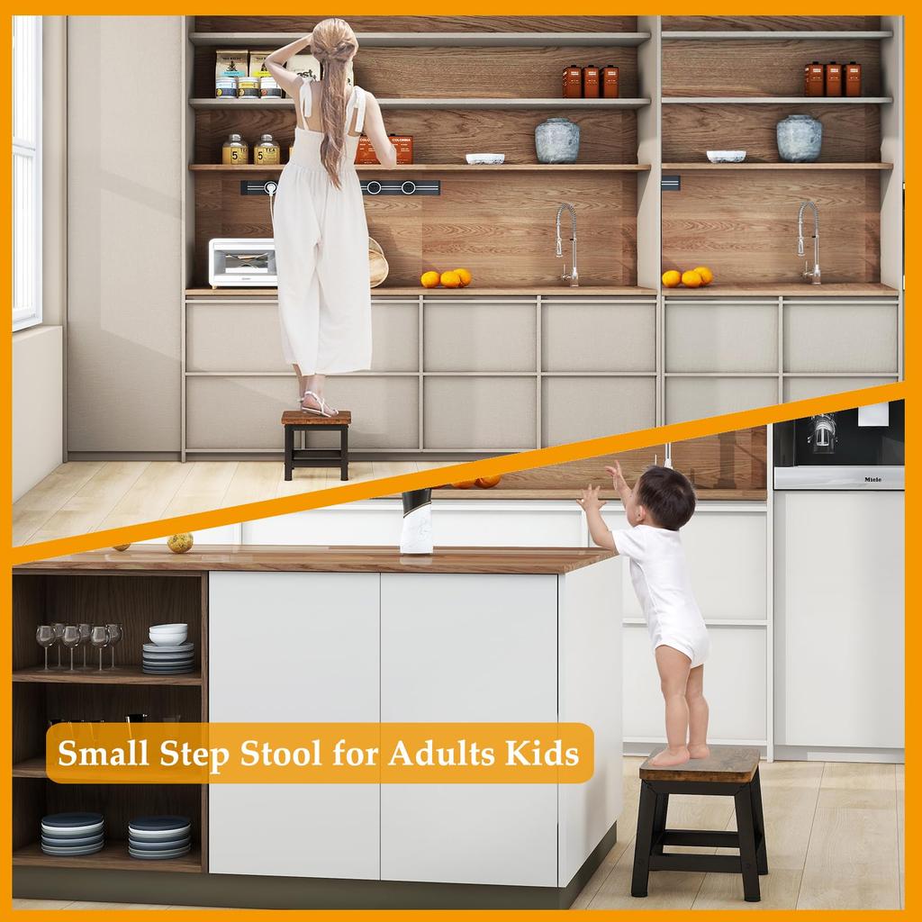 IBUYKE Step Stool, Step Stool, Footrest with Non-Slip Backrest, Wooden Chair for Kids, Bedroom, Bathroom, Living Room, Kitchen, Brown, 25.5cm Deep,