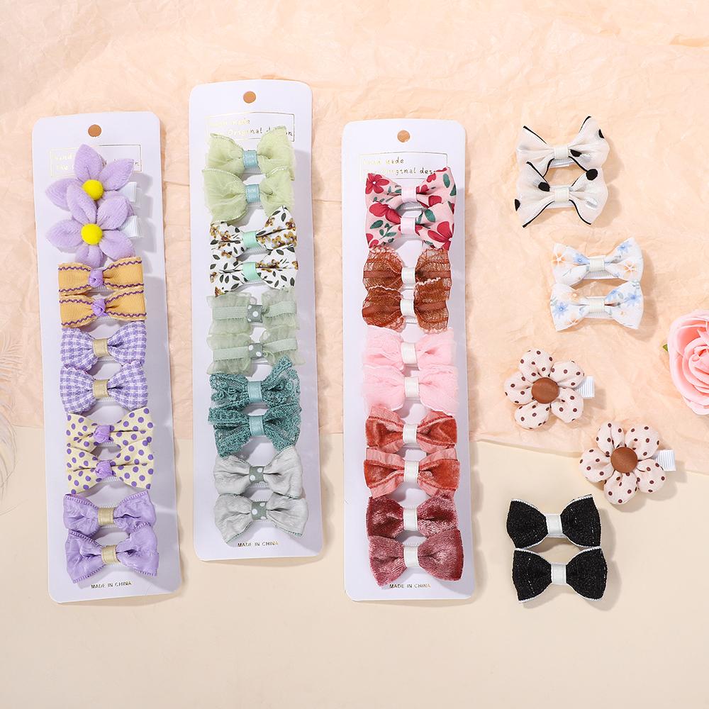 10Pcs Flowers Bows Hair Clip Set for Baby Girls Toddler Winter Printing Hairpin Mini Cotton Lace Handmade Kids Hair Accessories