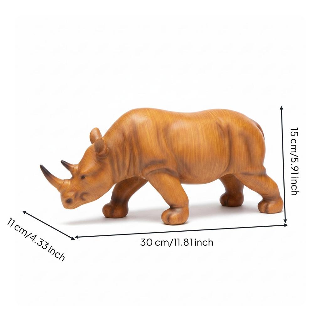 Wood Grain Rhino Statue Ebony Base Figure Realistic Rhinoceros Sculpture for Desktop, Shelf