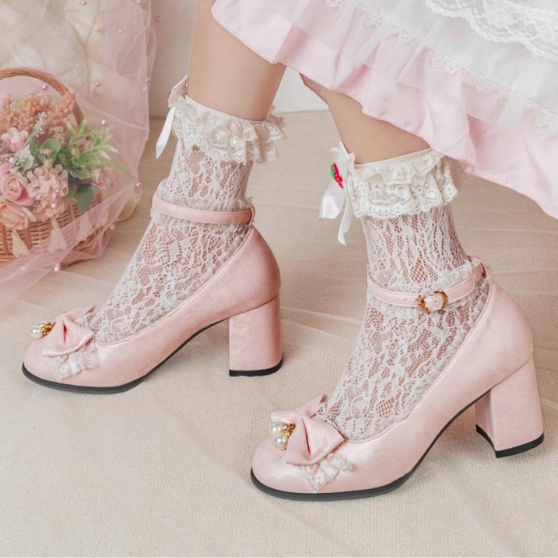 Lyxiga Damskor Mary Janes med Blockklack 2025 Söta Spets Rosa Svarta Med Rem Klack Fest Bröllop Dansskor Dam Stor Storlek 45