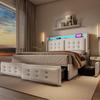 Upholstered Bed 140x200, Double Bed, LED Headboard, USB C Charging, 4 Drawers, Wood and Metal Frame, 300 kg, Beige, Cotton (Without Mattress)