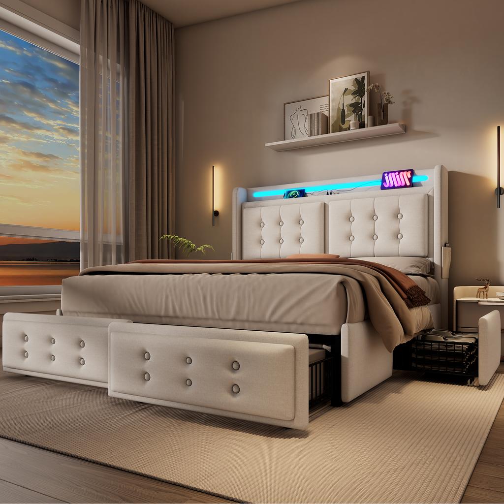 Upholstered Bed 140x200, Double Bed, LED Headboard, USB C Charging, 4 Drawers, Wood and Metal Frame, 300 kg, Beige, Cotton (Without Mattress)