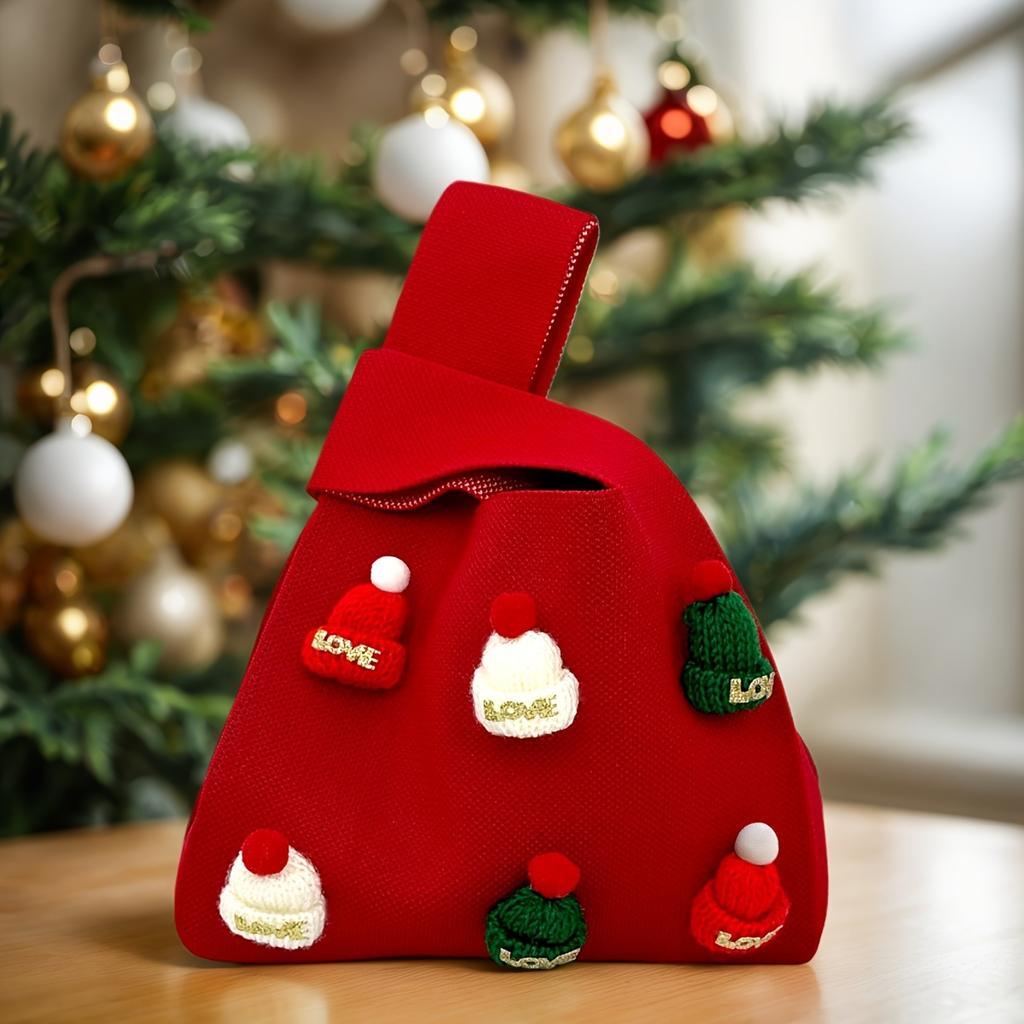 Festive Gift Bag with a Christmas Hat, a Lightweight and Portable Polyester Knit Handbag