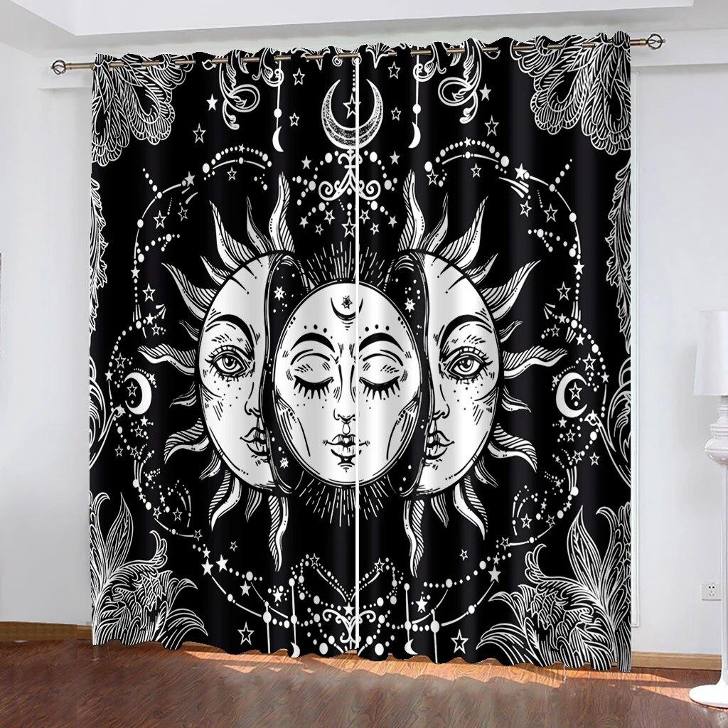 Graphic Sun Moon Starry Sky Printed Curtains, Rod Pocket Curtains Living Room Kitchen Office Decoration Curtains Home Decoration