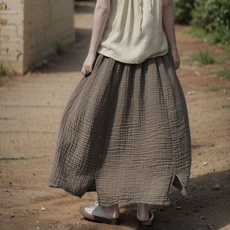 Johnature Women Vintage Skirts Summer Elastic Waist Solid Color Soft A-Line Female Loose Skirts