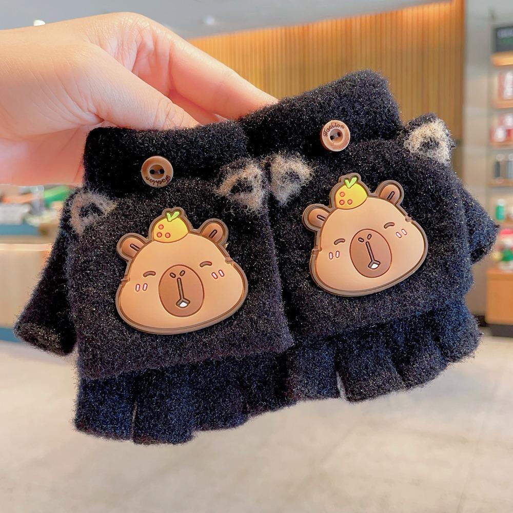 New 6-10 Years Old Half Finger Gloves Thickened Cute Capybara Winter Flip Gloves Elastic Warm Writing Gloves Outdoor