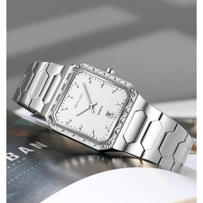 SKMEI Luxury New Simple Square Men's Quartz Watch for Men Stainless Steel Fashion Sports Waterproof Luminous Silver Wrist Watch