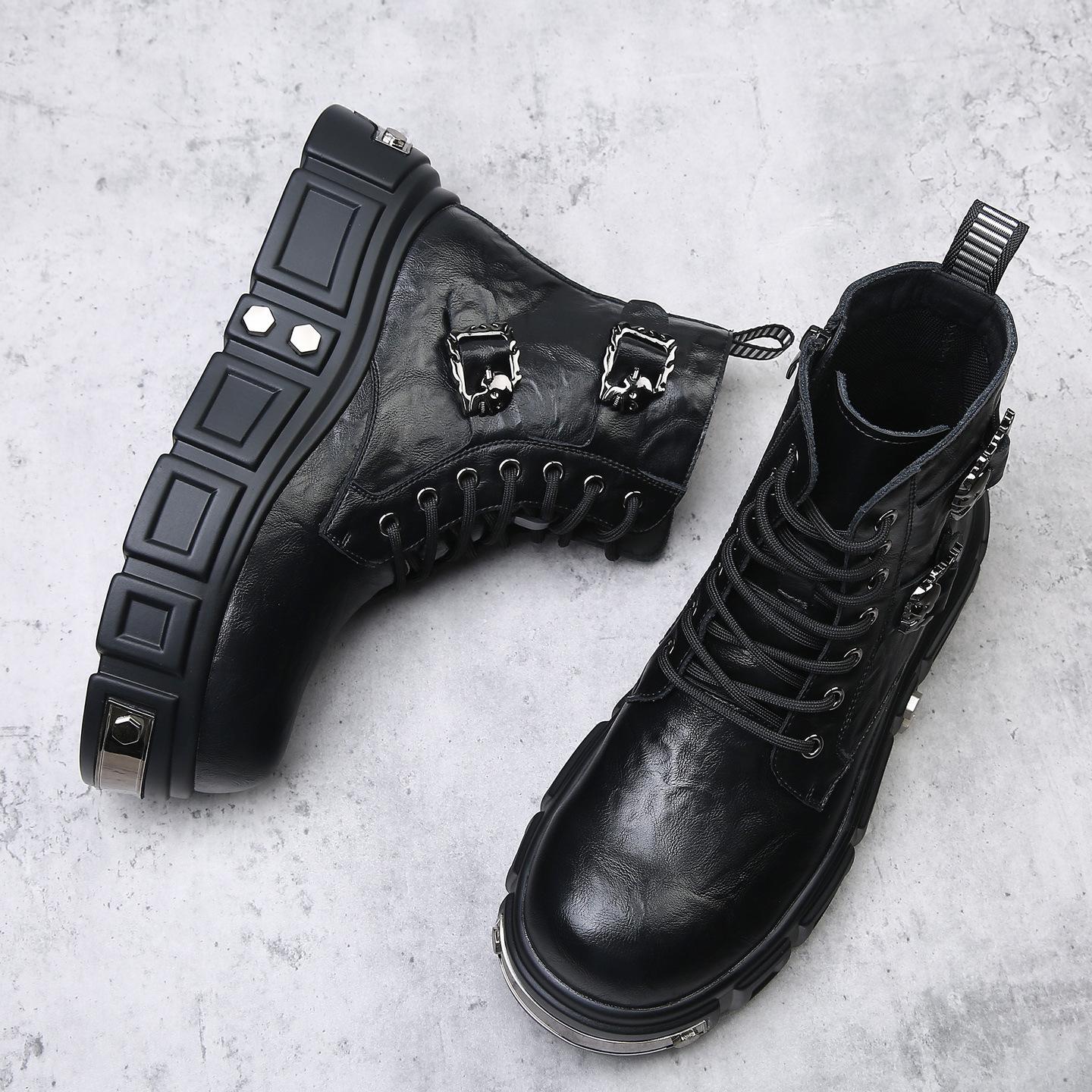 

Мужские кожаные ботинки с высоким берцем 2025 зима новая маленькая модель ботинки Мартина модные повседневные короткие ботинки на толстой подошве с увеличением роста мужские ботинки 38 чёрный