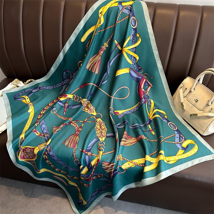 Luxury  90*90cm Print Silk Scarf Headband Foulard Ribbon Wraps Hairband Neckerchief Female Shawls Bandanna Square Silk Scarf