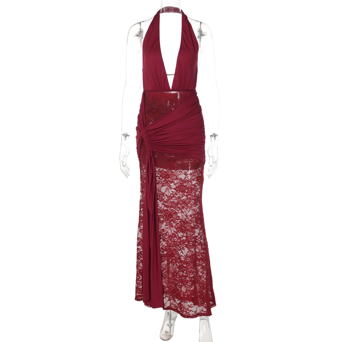 European and American winter new neck deep V-neck long dress sexy perspective lace splicing backless dress wholesale S