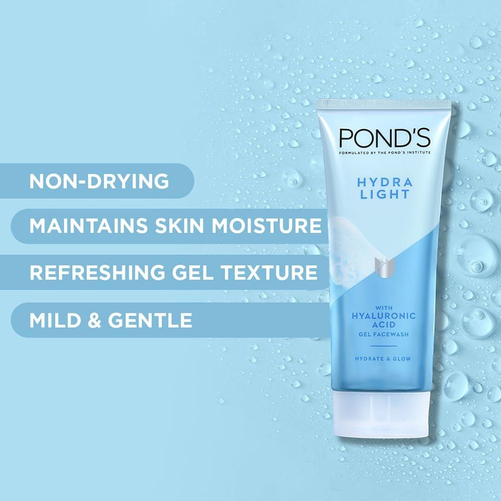 Pond's Hydra Light Hydrating Gel Face Wash With Hyaluronic Acid For Glowing Skin 100g Gentle Daily Cleanser For All Skin Types