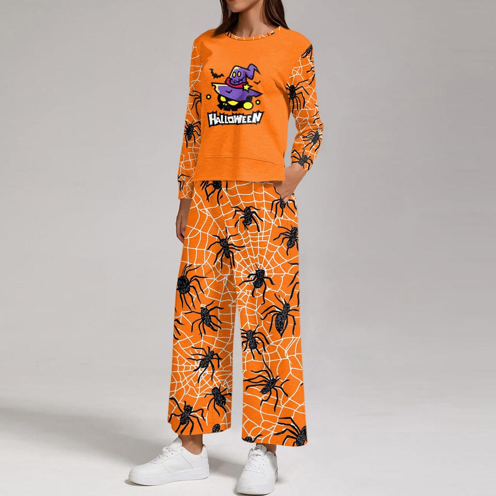 Women's Halloween Print Sweatshirt and Jogger Set, Crewneck Loose Fit with Side Slit Hem