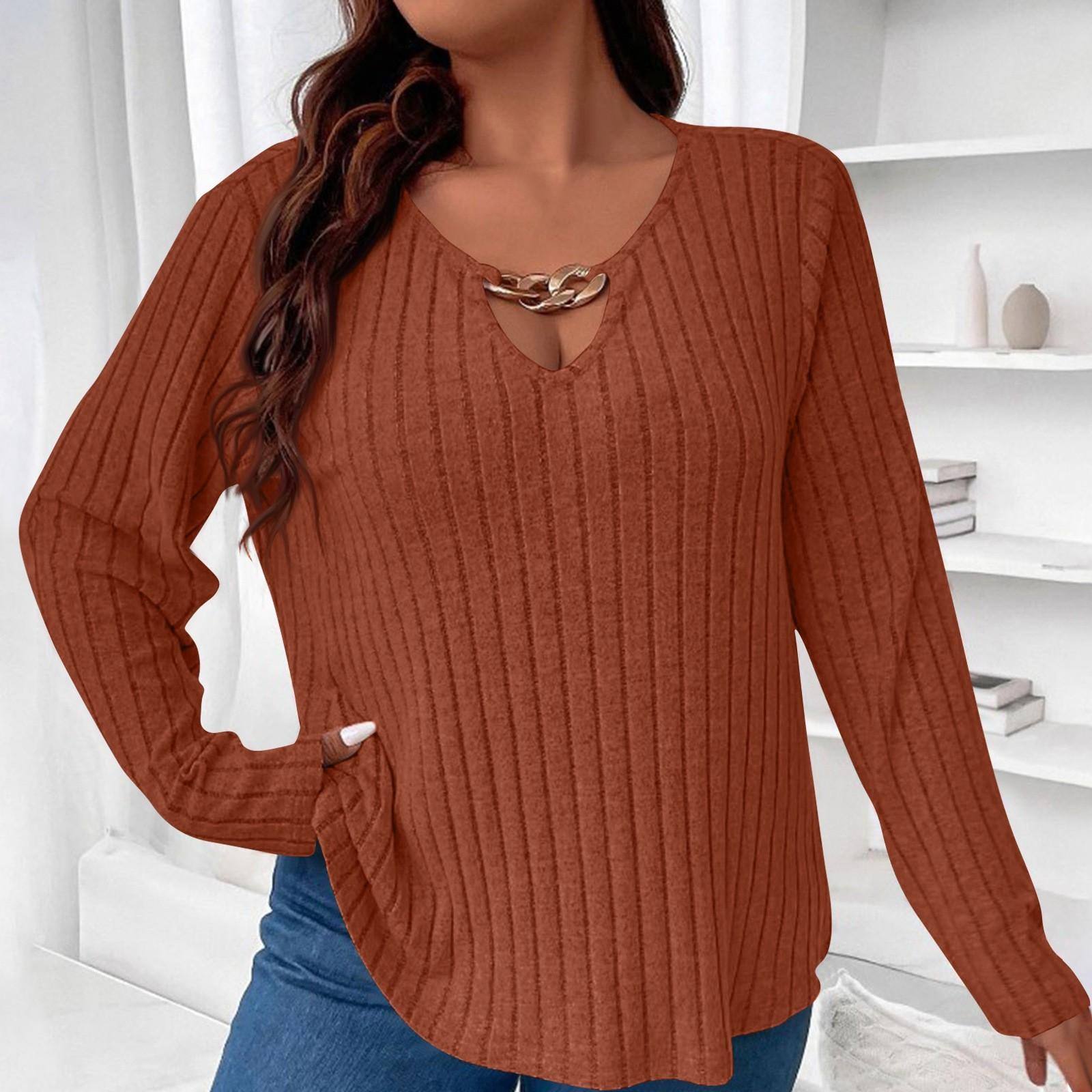 

Женская мода однотонный V-образный вырез длинный рукав свободный пуловер футболка топ XL