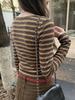 Women's Coffee Striped Button-Up T-Shirt: New Autumn/Winter, Low U-Neck, Slim-Fit, Brushed Fabric, Long-Sleeve.