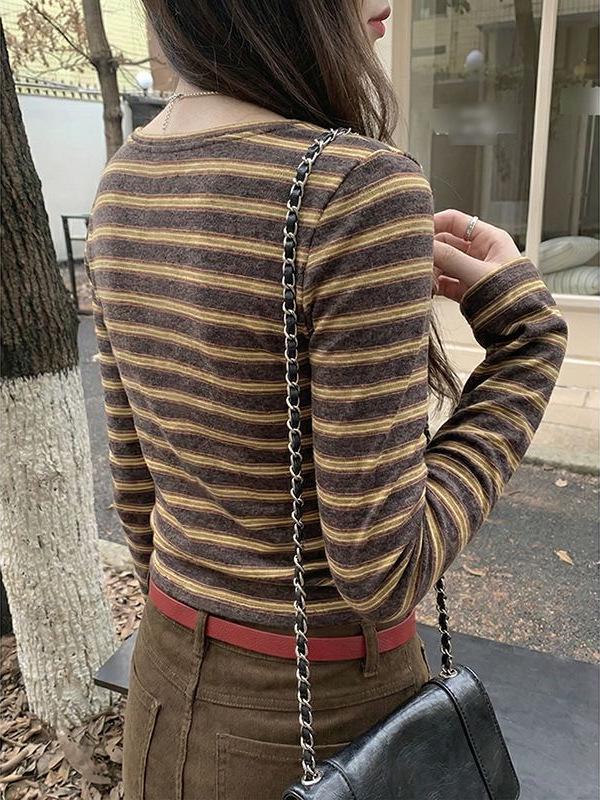 Women's Coffee Striped Button-Up T-Shirt: New Autumn/Winter, Low U-Neck, Slim-Fit, Brushed Fabric, Long-Sleeve.