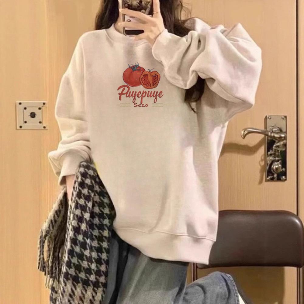 Female Spring Autumn Casual Sports O Neck Long Sleeve Oversize Tomato Printed Pullover Hoodies Sweatshirt Top
