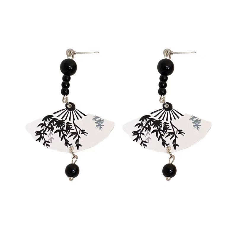 New Chinese antique beaded long fan-shaped fringed earrings Chinese style Hanfu accessories earrings retro versatile earrings