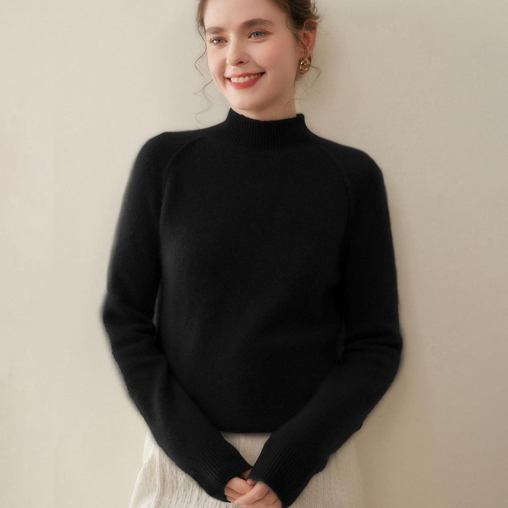 Women's Cashmere Knit Drop Shoulder Sweater - Half-High Collar, Long Sleeve, Warm & Versatile Inner Wear