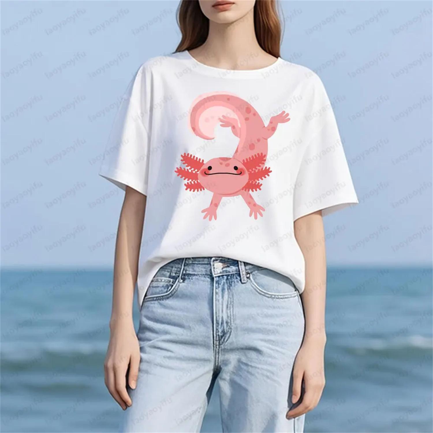 

Axolotl Graphic Printed T-shirt Cute Summer Round Neck Women Short Sleeve Pet Owner Gift Tee Tops Casual Daily Life Cotton Shirt XXXXXL білий
