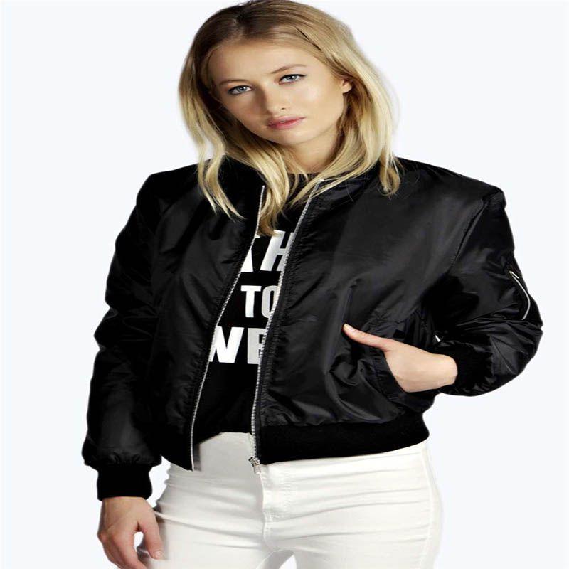 Stylish Womens Classic Padded Bomber Jacket Vintage Zip Biker Coat Long Sleeves