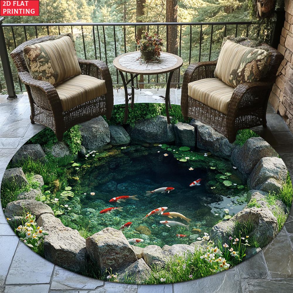 3D Natural Stone Pond Koi Fish Round Rug, Clear Water Lotus Wild Flower Print Floor Mat for Living Room Sofa Balcony Indoor Home