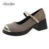 Mary Janes French High Heels Thick Soled Spring Autumn Footwear Round Toe Buckle Strap Ladies Mid Heel Pumps Zapatos De Mujer