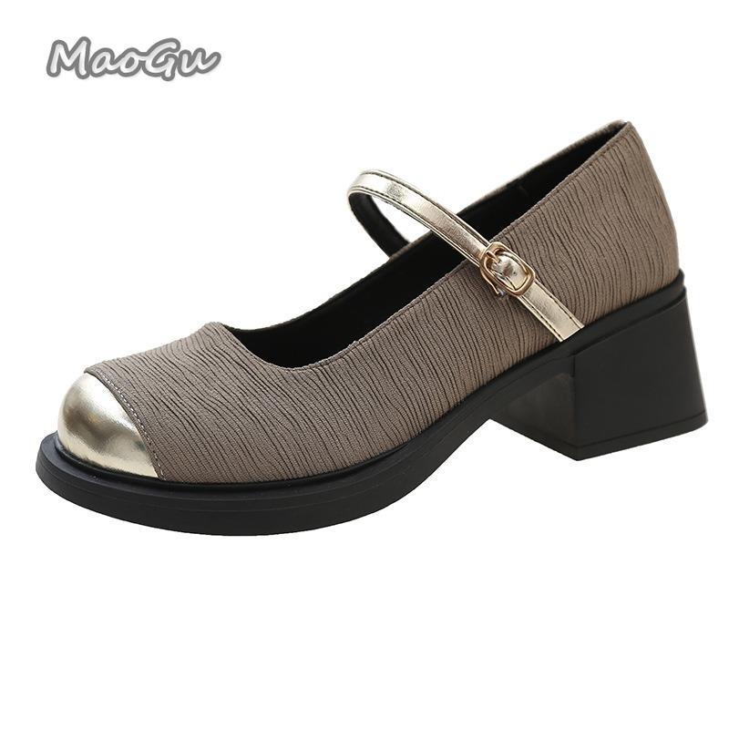 Mary Janes French High Heels Thick Soled Spring Autumn Footwear Round Toe Buckle Strap Ladies Mid Heel Pumps Zapatos De Mujer