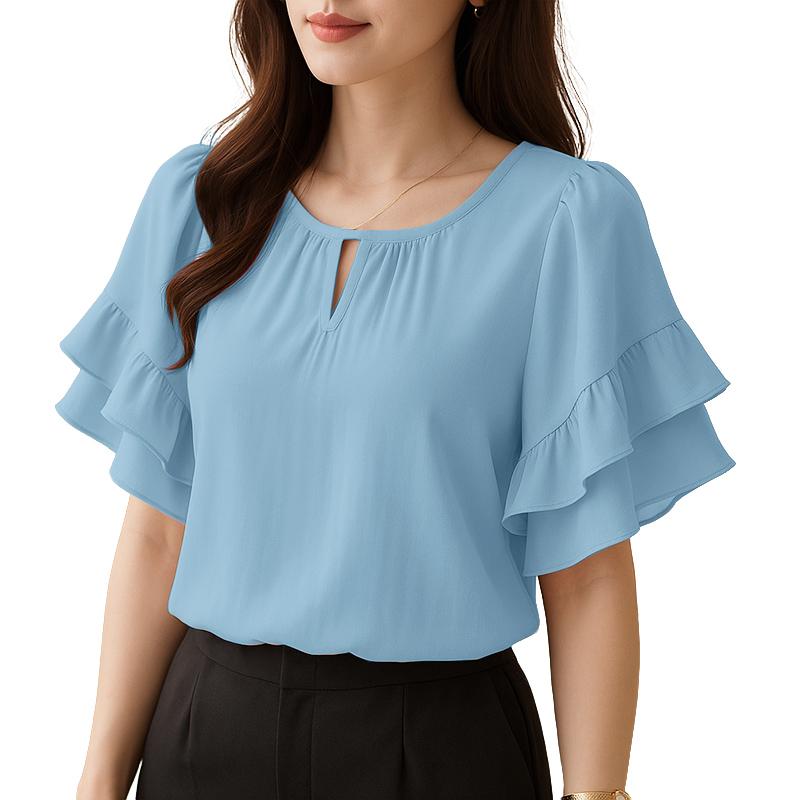 

ZANZEA Женская повседневная блузка с круглым вырезом и коротким рукавом, свободная M синий