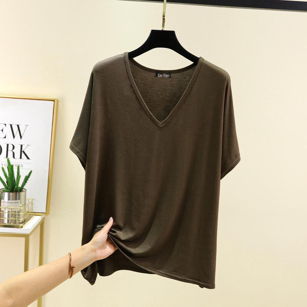 Women's Solid Color V-Neck Cotton Modal Short Sleeve Loose Top
